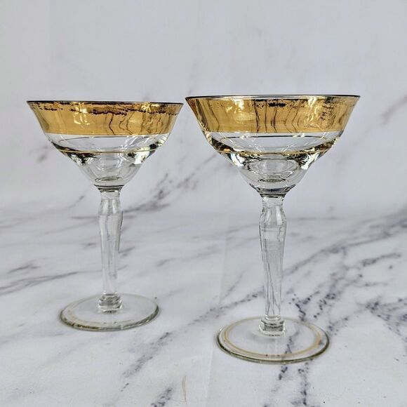 Vintage Aritzia Gold Rimmed Coupe Glasses Set of 2 FAIR CONDITION - Picture 1 of 7